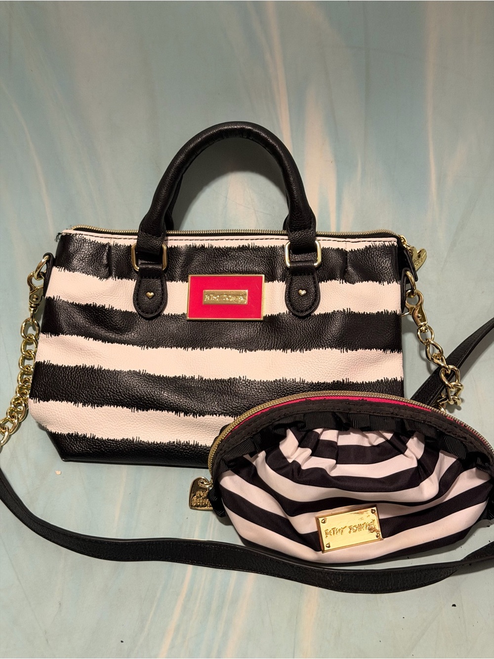 Betsey Johnson Black & White Stripe Satchel with Matching Pouch